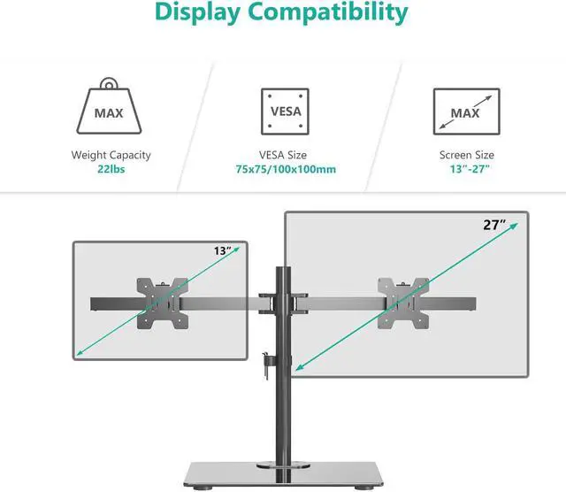 Alt view image 2 of 14 - Free Standing Dual Monitor Stand Height Adjustable Monitor Mount with Glass Base Fits ?LCD LED Flat Curved Screen up to 27 inch 22lbs with Grommet Base (GMF002) by