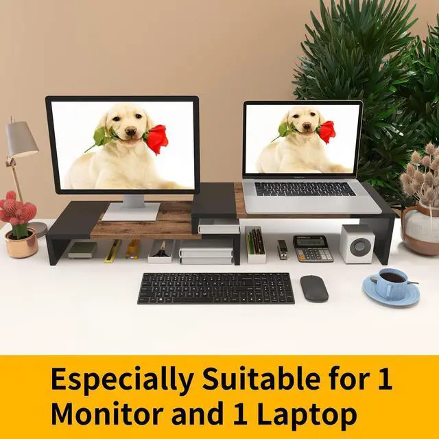 Alt view image 2 of 14 - Dual Monitor Stand Riser for Computer Screens 2 Shelf Computer Monitor Stand with Adjustable Length and Angle PC Stand Desktop Stand Desktop Organizer Desk Riser