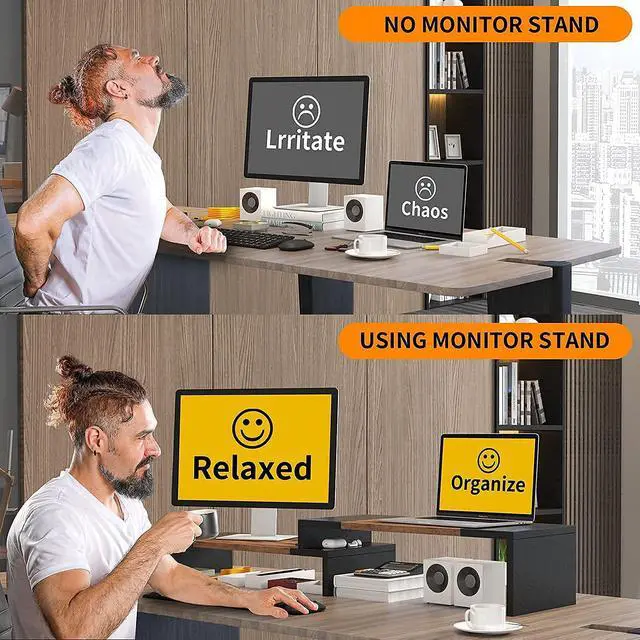 Alt view image 7 of 14 - Dual Monitor Stand Riser for Computer Screens 2 Shelf Computer Monitor Stand with Adjustable Length and Angle PC Stand Desktop Stand Desktop Organizer Desk Riser