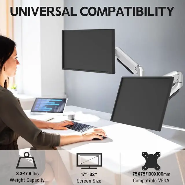 Alt view image 2 of 7 - Dual Monitor Desk Mount Die-Cast Aluminum Fully Adjustable Double Monitor Arm with Gas Spring Computer Monitor Stand Fits 2 Screen 17 to 32 inch - Each Arm Holds up to 17.6LBS MU0024