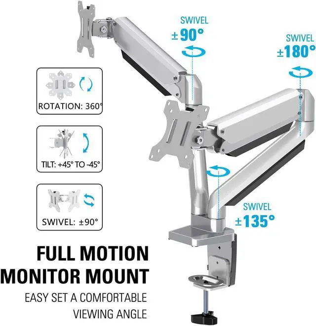 Alt view image 3 of 7 - Dual Monitor Desk Mount Die-Cast Aluminum Fully Adjustable Double Monitor Arm with Gas Spring Computer Monitor Stand Fits 2 Screen 17 to 32 inch - Each Arm Holds up to 17.6LBS MU0024
