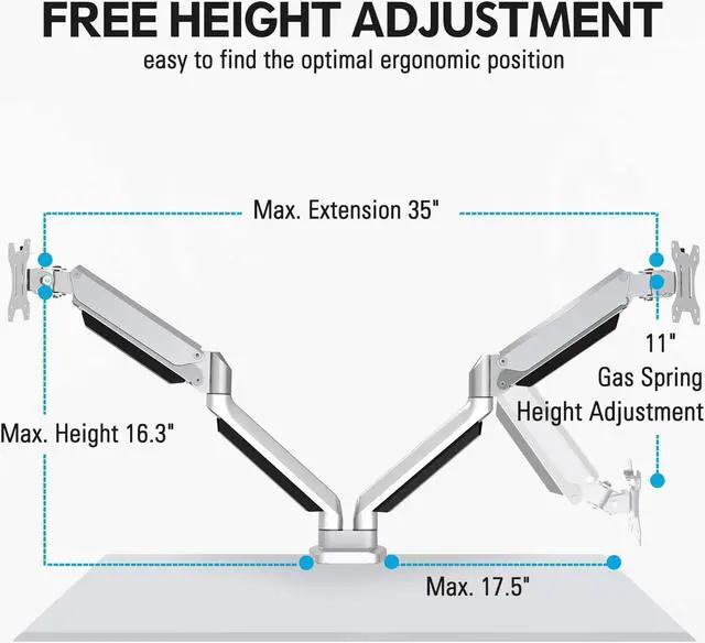 Alt view image 4 of 7 - Dual Monitor Desk Mount Die-Cast Aluminum Fully Adjustable Double Monitor Arm with Gas Spring Computer Monitor Stand Fits 2 Screen 17 to 32 inch - Each Arm Holds up to 17.6LBS MU0024