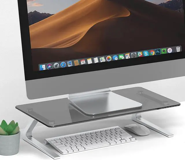 Alt view image 2 of 7 - Monitor Stand, Tempered Glass Computer Monitor Stand Riser, Multimedia Desktop Stand for Computer, Laptop, Flat Screen TV, Ergonomic Office Desk Shelf, 18.11 x 9.45 inch, Euro Gray