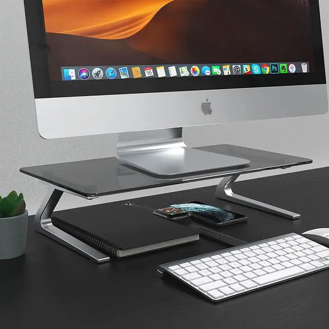 Alt view image 7 of 7 - Monitor Stand, Tempered Glass Computer Monitor Stand Riser, Multimedia Desktop Stand for Computer, Laptop, Flat Screen TV, Ergonomic Office Desk Shelf, 18.11 x 9.45 inch, Euro Gray