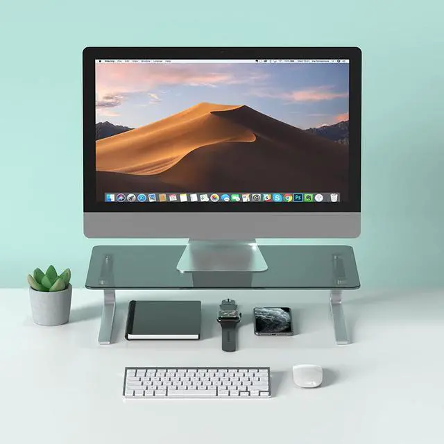 Alt view image 6 of 7 - Monitor Stand, Tempered Glass Computer Monitor Stand Riser, Multimedia Desktop Stand for Computer, Laptop, Flat Screen TV, Ergonomic Office Desk Shelf, 18.11 x 9.45 inch, Euro Gray