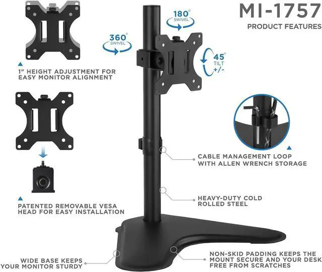 Alt view image 6 of 7 - Mount-It! Free Standing Monitor Stand for Desktops | Single Monitor Mount | VESA 75 100 Compatible Displays | Height Adjustable Tilt Swivel Rotating | Fits 21.5 23 24 27 28 29 32 Inch Computer Screen