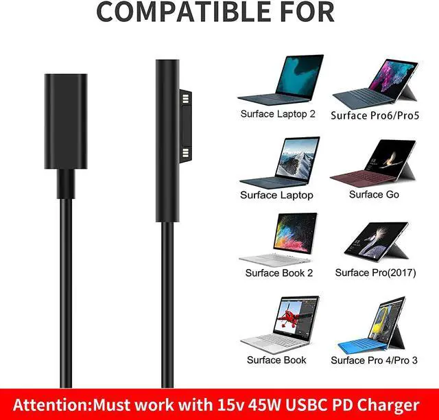 Alt view image 2 of 5 - Type-c Female to Microsoft Surface Magnetic PD 45W 15V/3A Fast Charging Cable Compatible with Surface Pro 3/4/5/6 Surface GO Surface Book 1/2 Surface Laptop1/2