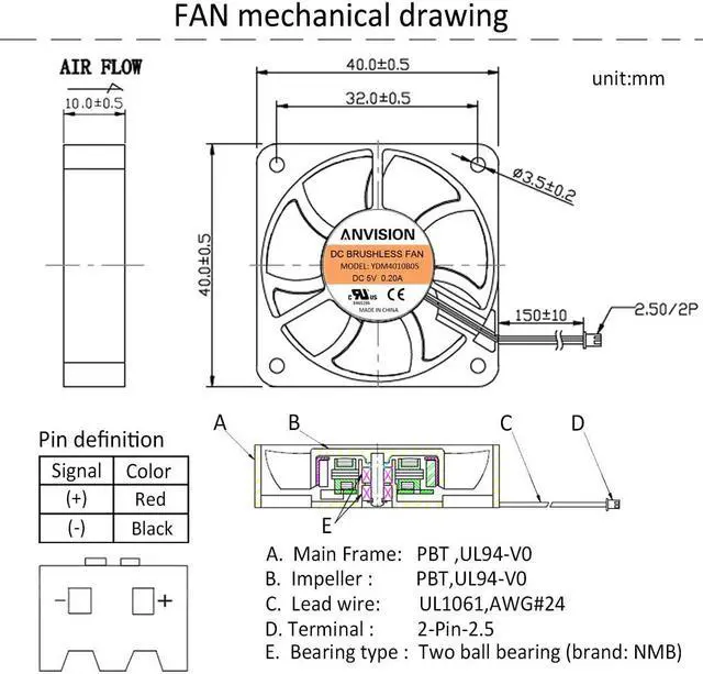 Alt view image 5 of 7 - 2-Pack 40mm x 10mm DC 5V Brushless Cooling Fan, Dual Ball Bearing, 2-Pin