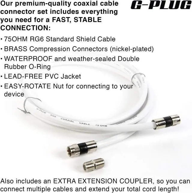 Alt view image 7 of 7 - G-PLUG 15FT RG6 Coaxial Cable Connectors Set  High-Speed Internet, Broadband and Digital TV Aerial, Satellite Cable Extension  Weather-Sealed Double Rubber O-Ring and Compression Connectors White