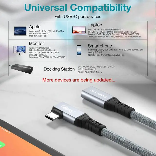Alt view image 7 of 7 - Right Angle USB4 Extension Cable, 40Gbps & 100W 90 Degree Type C 4.0 Extender Cord, Thunderbolt 3/4 Extension Cable, Support 8K/6K@60Hz or Dual 4K Video for Dell/HP Dock, MacBook, iMac, XPS, Intel NUC