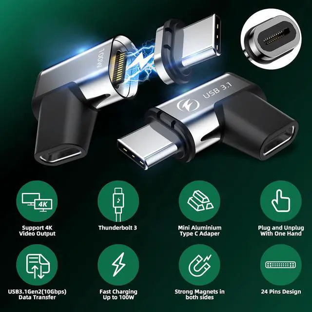 Alt view image 2 of 7 - USB C Magnetic Adapter (2 Pack) 24Pins USB3.1 10Gbps Data Transfer 4K 60Hz Video PD 100w Charge Compatible with MacBook Pro/Air USB-C Laptop