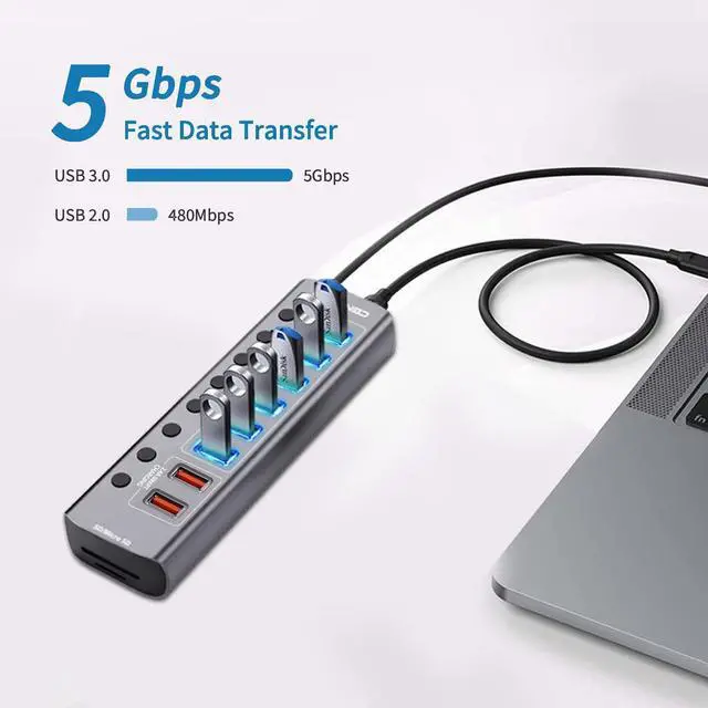 Alt view image 5 of 7 - Powered USB Hub with Card Reader, cenmate 10 Port Aluminum USB Splitter with 6 USB 3.0 Data Ports, 2 USB Charging Ports, TF/SD Slots, Individual Switches, 12V/2.5A Power Adapter for PC, HDD, Printer
