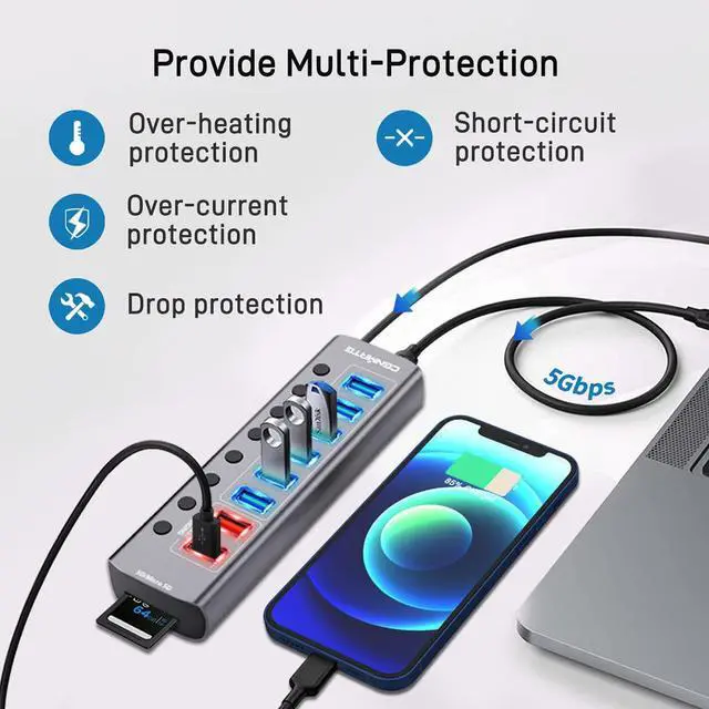 Alt view image 6 of 7 - Powered USB Hub with Card Reader, cenmate 10 Port Aluminum USB Splitter with 6 USB 3.0 Data Ports, 2 USB Charging Ports, TF/SD Slots, Individual Switches, 12V/2.5A Power Adapter for PC, HDD, Printer