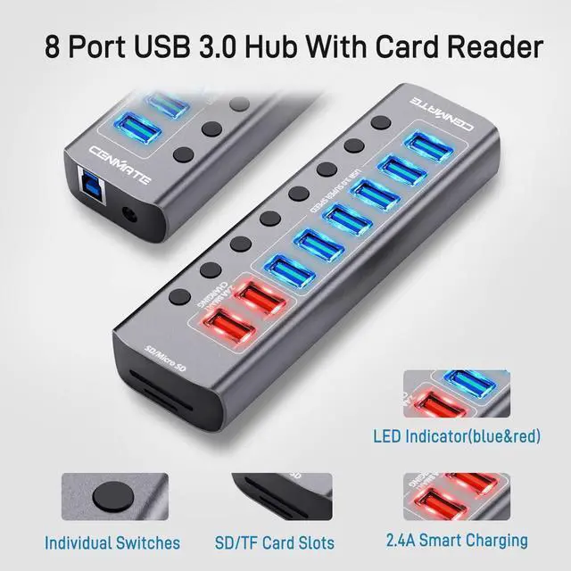 Alt view image 2 of 7 - Powered USB Hub with Card Reader, cenmate 10 Port Aluminum USB Splitter with 6 USB 3.0 Data Ports, 2 USB Charging Ports, TF/SD Slots, Individual Switches, 12V/2.5A Power Adapter for PC, HDD, Printer