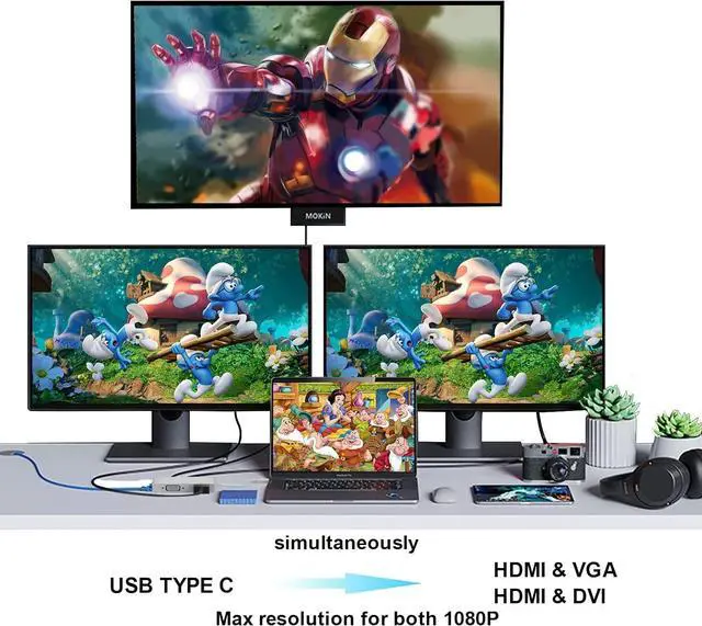 Alt view image 6 of 7 - USB C to HDMI DVI VGA Adapter 4 in 1 USB-C hub to 4K HDMI VGA DVI Video Adapter Male to Female Multi-Display Video Converter Monitors Connector for Mac Pro MacBook Air iPad Pro XPS etc