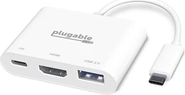 Main image of Plugable USB C to HDMI Multiport Adapter, Driverless 3-in-1 Hub with 4K HDMI Output, USB 3.0 and USB-C Charging Port, Compatible with MacBook, Chromebook, Dell XPS, Thunderbolt 3 and More