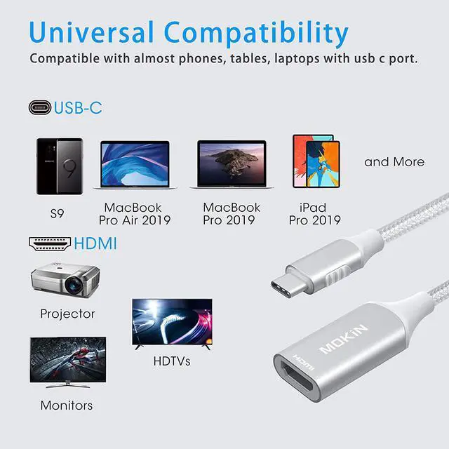 Alt view image 2 of 7 - USB C to HDMI Adapter 4K Cable USB-C Type C (Thunderbolt 3) to HDMI Adapter for MacBook Pro 2019/2018 MacBook Air/iPad Pro  Galaxy S9/S8  XPS 13 Surface Go/Pro 7 More