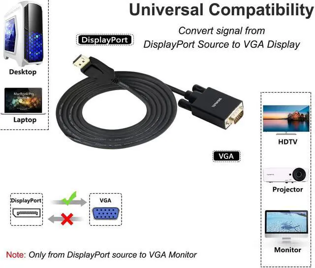 Alt view image 3 of 7 - DisplayPort to VGA Adapter, Good Product Outlet DP DisplayPort to VGA 6 Feet Cable Male to Male Gold-Plated Cord Compatible for Lenovo, Dell, HP, ASUS and Other Brand