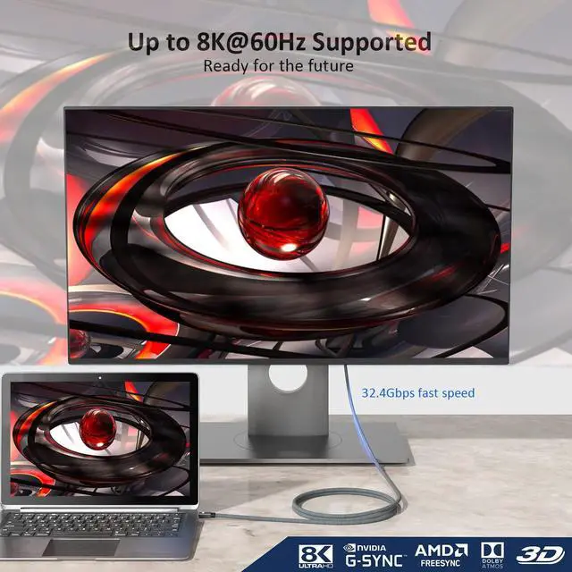 Alt view image 2 of 7 - 8K Mini DisplayPort to Displayport 1.4 Cable 6.6Ft Thunderbolt to DP Cable 8K@60Hz 4K@144Hz Thunderbolt 2(Video Output) Compatible with MacBook iMac Mac Mini to DP Monitor