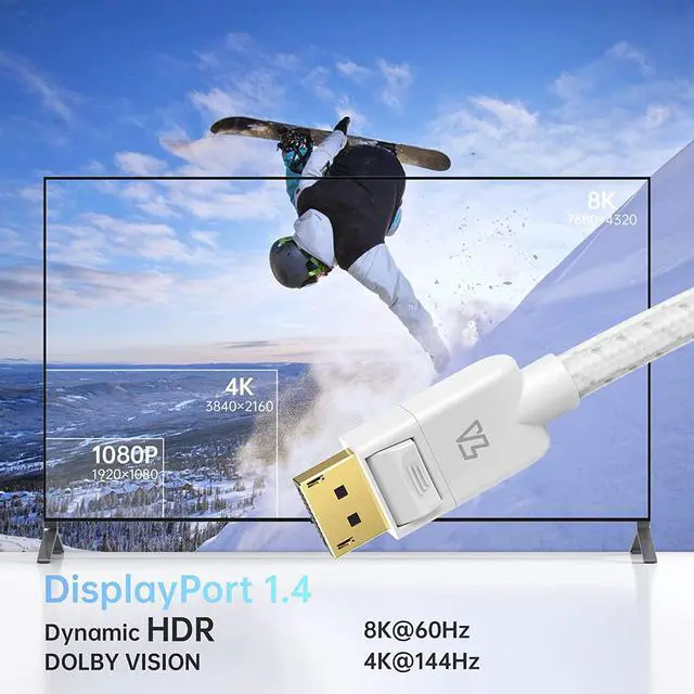 Alt view image 4 of 7 - DisplayPort 1.4 Cotton-Braided Cable 8K@60Hz 5K@60Hz 4K@120Hz and HDR Support. Suitable for Laptop PC Projector TV Gaming Monitor. Black 6.6ft (2 Metres) White