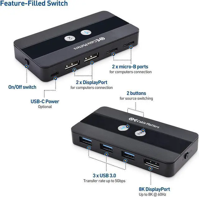 Alt view image 2 of 7 - Cable Matters USB 3.0 KVM Switch DisplayPort 1.4 for 2 Computers with 8K@60Hz / 4K@120Hz Display Port Video & 3X 5Gbps USB Ports, FreeSync, G-SYNC and HDR Support - RF Remote Control Switch