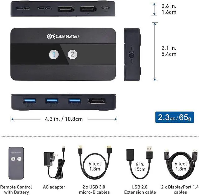 Alt view image 7 of 7 - Cable Matters USB 3.0 KVM Switch DisplayPort 1.4 for 2 Computers with 8K@60Hz / 4K@120Hz Display Port Video & 3X 5Gbps USB Ports, FreeSync, G-SYNC and HDR Support - RF Remote Control Switch