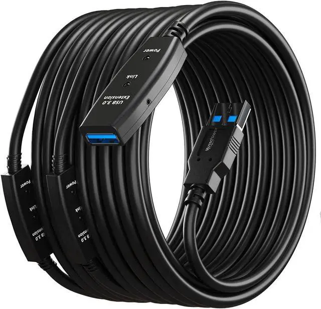 Main image of 65 Feet Active USB Extension Cable 3.0 Male to Female with 3 Extension chipsets Signal Booster - Active Extension/Repeater Cord 20 Meters / 65 Feet (AC Power Supply Included)