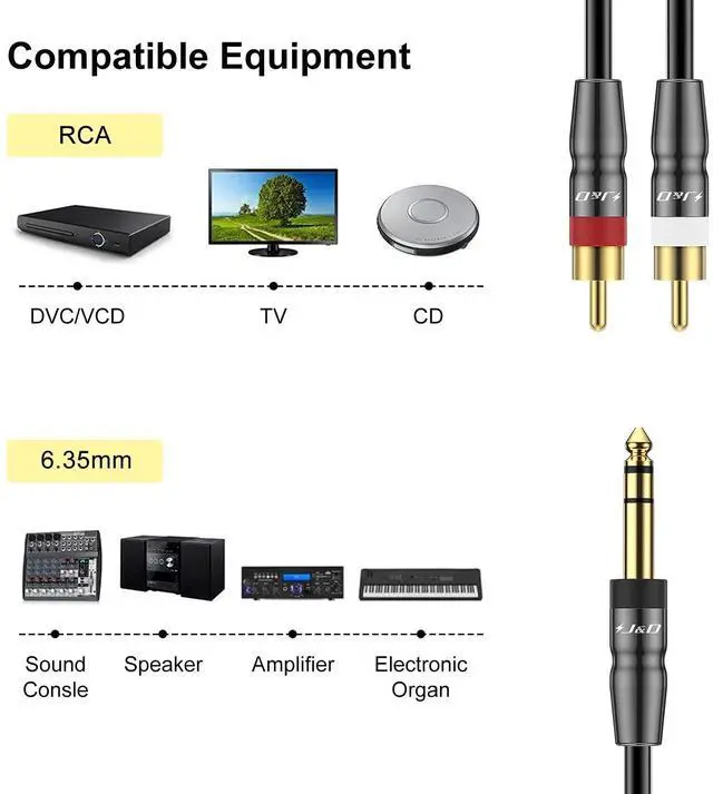 Alt view image 4 of 7 - 6.35mm TRS to Dual RCA Audio Cable Copper Shell Heavy Duty 6.35mm 1/4 inch Male TRS to 2 RCA Male Stereo Audio Y Splitter Cable 3 Feet