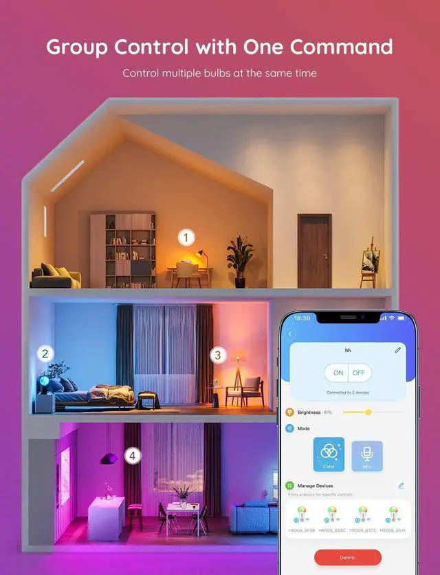 Alt view image 6 of 7 - Smart Light Bulbs, WiFi Bluetooth Color Changing Light Bulbs, Music Sync, 54 Dynamic Scenes, 16 Million DIY Colors RGB Light Bulbs, Work with Alexa, Google Assistant, 800 Lumen, 8 Pack