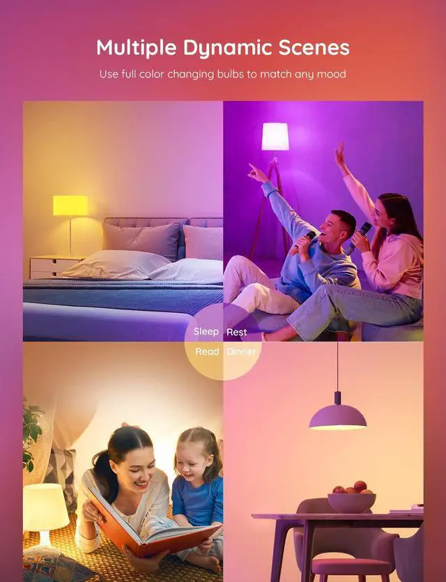 Alt view image 4 of 7 - Smart Light Bulbs, WiFi Bluetooth Color Changing Light Bulbs, Music Sync, 54 Dynamic Scenes, 16 Million DIY Colors RGB Light Bulbs, Work with Alexa, Google Assistant, 800 Lumen, 8 Pack