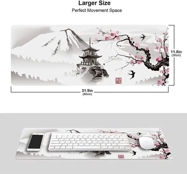 Alt view image 2 of 10 - Japanese Cherry Blossom White Gaming Mouse Pad XL Extended Large Mouse Mat Desk Pad Stitched Edges Mousepad Long Nonslip Rubber Base Mice Pad 31.5 X 11.8 Inch