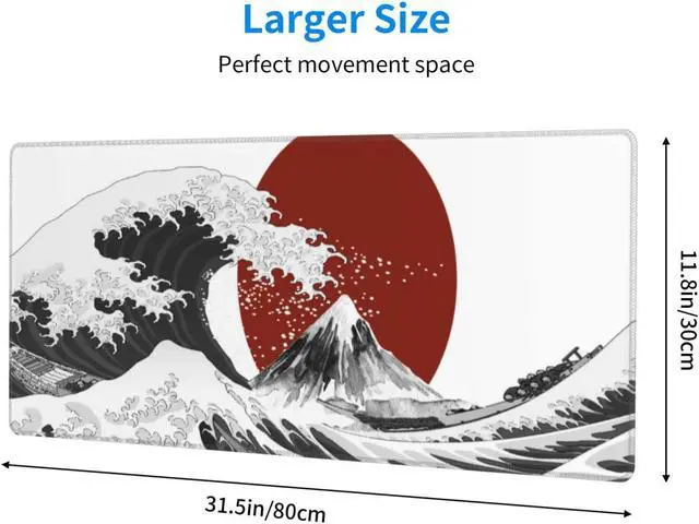 Alt view image 2 of 14 - Black White Wave Gaming Mouse Pad XL Japanese Red Sun Sea Extended Large Desk Cover Big Table Mat Non-Slip Rubber Base Stitched Edge Long Keyboard Playmat for Gamer 31.511.8 Inches