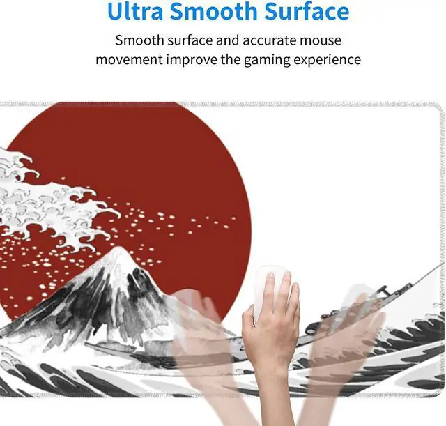 Alt view image 4 of 14 - Black White Wave Gaming Mouse Pad XL Japanese Red Sun Sea Extended Large Desk Cover Big Table Mat Non-Slip Rubber Base Stitched Edge Long Keyboard Playmat for Gamer 31.511.8 Inches