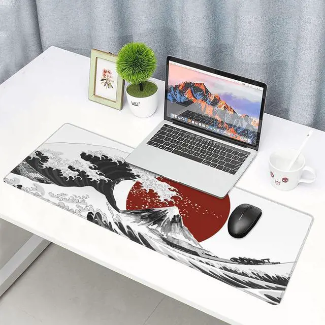 Alt view image 7 of 14 - Black White Wave Gaming Mouse Pad XL Japanese Red Sun Sea Extended Large Desk Cover Big Table Mat Non-Slip Rubber Base Stitched Edge Long Keyboard Playmat for Gamer 31.511.8 Inches