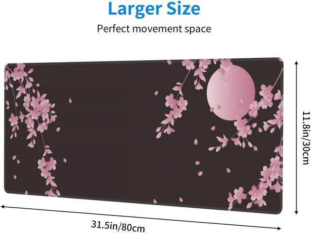 Alt view image 2 of 14 - Sakura Cherry Blossom Extended Gaming Mouse Pad Non-Slip Rubber Base Pink Large Mousepad 31.5x11.8in with Stitched Edge Waterproof Flower Keyboard Pads Black Desk Laptop Mats for Work/Game/Office