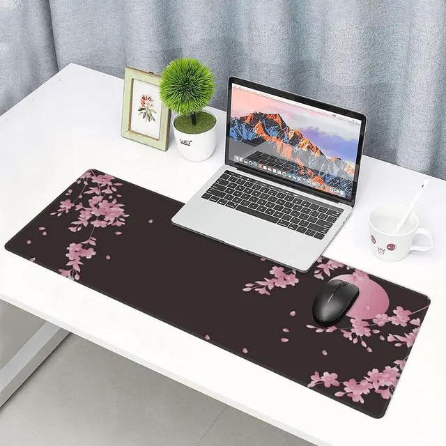 Alt view image 7 of 14 - Sakura Cherry Blossom Extended Gaming Mouse Pad Non-Slip Rubber Base Pink Large Mousepad 31.5x11.8in with Stitched Edge Waterproof Flower Keyboard Pads Black Desk Laptop Mats for Work/Game/Office