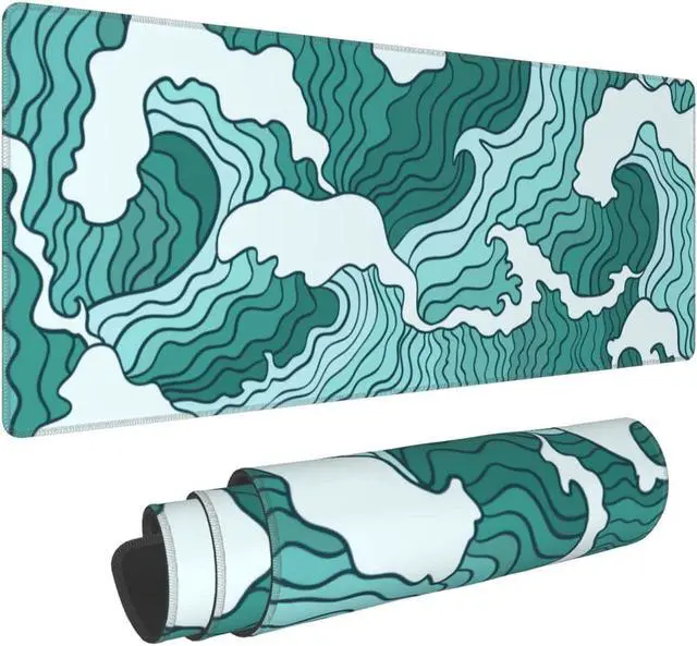Main image of Japanese Green and White Wave Gaming Mouse Pad XL Non Slip Rubber Base Mousepad Stitched Edges Desk Pad Extended Large Mice Pad 31.5 X 11.8 Inch