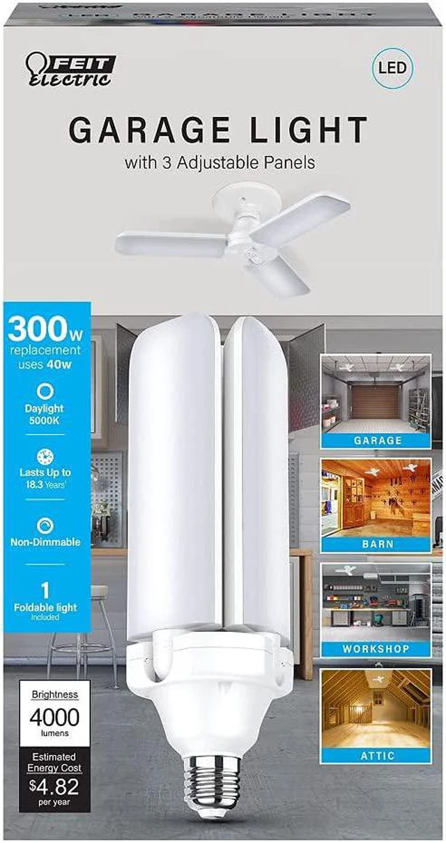 Alt view image 5 of 5 - Feit Electric LED Garage Light, 3 Panel Adjustable Screw-in LED Shop Light Bulb, E26 Base, 4000 Lumens, Non-Dimmable, 5000k Daylight, Garage Ceiling Light, White, ADJ4000/5K/LED