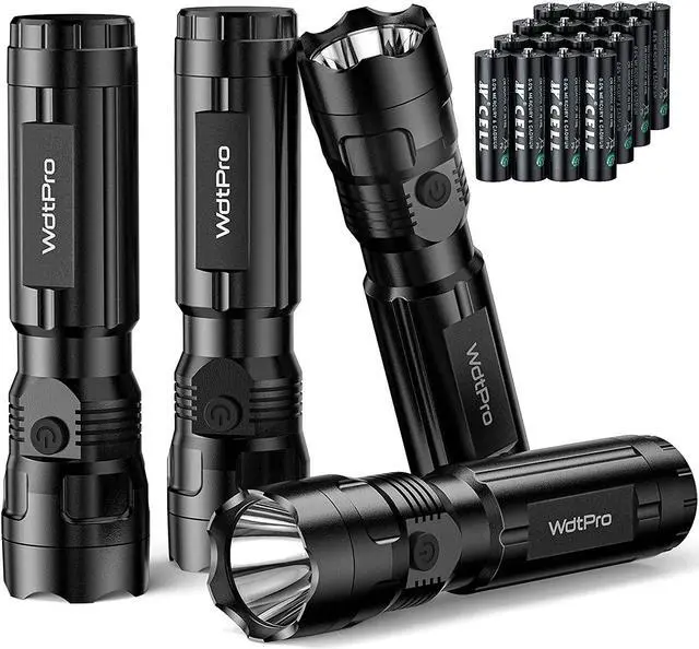 Main image of WdtPro 4 Pack LED Flashlights, Bright Flashlight with 16 AAA Batteries, Super Long Battery Life, Single Mode, High Lumens, EDC Flash Lights for Emergencies, Hurricane Supplies, Camping
