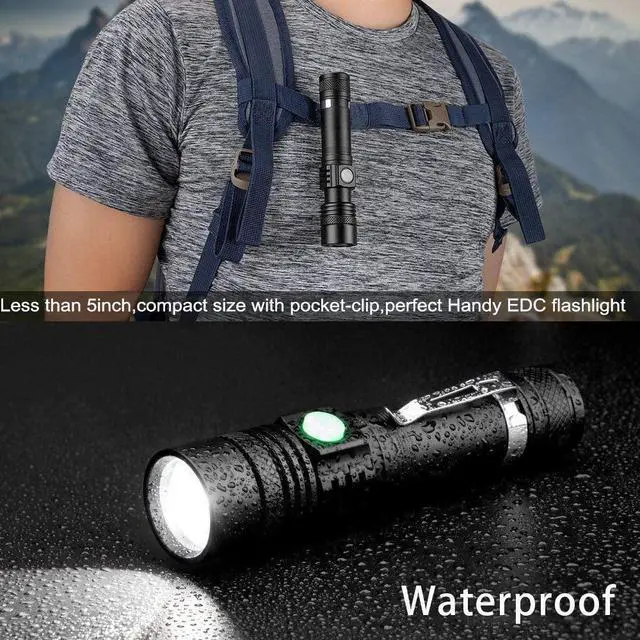 Alt view image 4 of 7 - LED Tactical Flashlight Rechargeable IPX6 Waterproof Flashlight 2000lm Super Bright LED Zoomable Pocket-Size Small LED Flashlight for Hiking Camping Emergency
