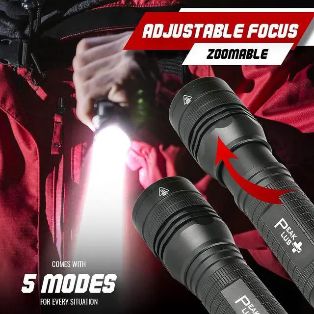 Alt view image 4 of 7 - PeakPlus High Powered LED Flashlight LFX2000, Brightest High Lumen Light with 5 Modes, Zoomable and Water Resistant, Best Flashlights for Camping, Dog Walking and Emergency