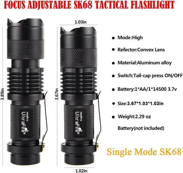 Alt view image 3 of 7 - 3 Pack Mini Flashlights Focus Adjustable SK68 Single Mode Tactical LED Flashlight Ultra Bright 300 Lumens Torch