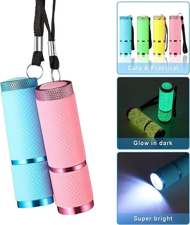 Alt view image 4 of 7 - 8 Pieces 8 Pieces Glow in Dark Flashlights Set 9 LED Mini Flashlights Rubber Coated with Handle LED Fluorescent Aluminum Portable Flashlight for Parties Hiking Camping 4 Colors