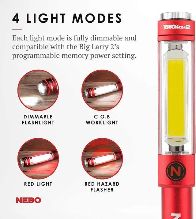 Alt view image 4 of 7 - Big Larry 2 Work Light | 500 Lumens 4 Light Modes Magnetic LED Flashlight & Portable COB Task Lamp Battery Powered Pocket Clip Water Resistant Includes 3x AA Batteries  Red
