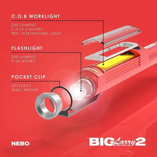 Alt view image 7 of 7 - Big Larry 2 Work Light | 500 Lumens 4 Light Modes Magnetic LED Flashlight & Portable COB Task Lamp Battery Powered Pocket Clip Water Resistant Includes 3x AA Batteries  Red