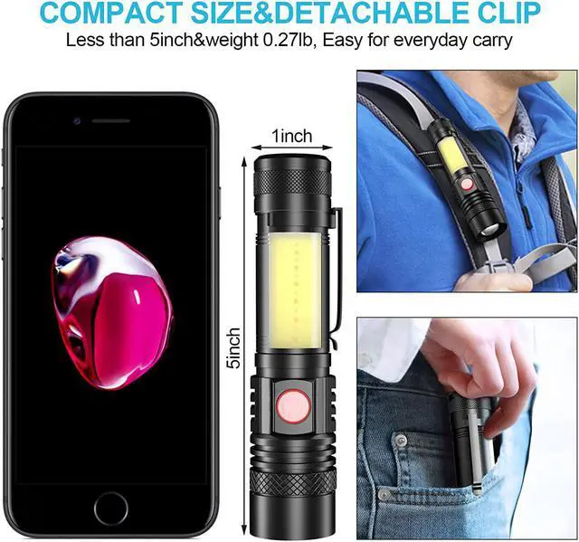 Alt view image 4 of 6 - Rechargeable Flashlight, Super Bright LED Flashlight with COB sidelight, Zoomable, Waterproof, 4 Modes, Tactical Flashlight for Camping, Emergency