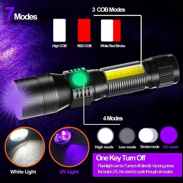 Alt view image 7 of 7 - Black Light UV Flashlight Rechargeable 3in1 Super Bright Tactical Flashlights LED UV Black Light &Redlight 2000Lumen 7Modes Zoomable Waterproof Pocket Flashlight for Pet Stains Detection Camping