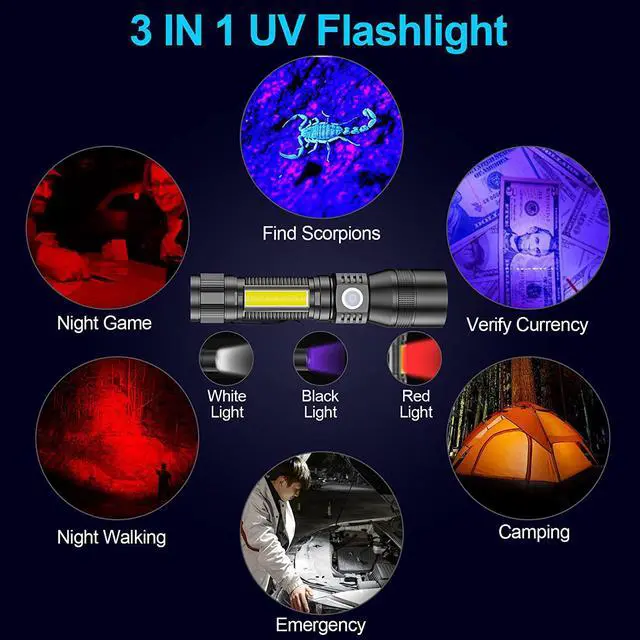 Alt view image 2 of 7 - UV Flashlight Black Light, 2 Pack 3 in 1 Super Bright Small Rechargeable Flashlights 1200 High Lumens, 7 Modes, Waterproof Magnetic LED Pocket Flash Light for Pet Urine Detection