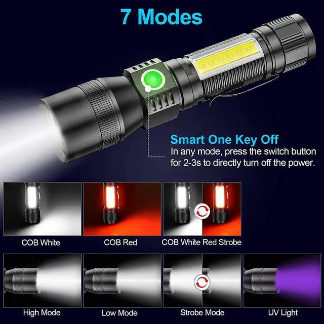 Alt view image 4 of 7 - UV Flashlight Black Light, 2 Pack 3 in 1 Super Bright Small Rechargeable Flashlights 1200 High Lumens, 7 Modes, Waterproof Magnetic LED Pocket Flash Light for Pet Urine Detection