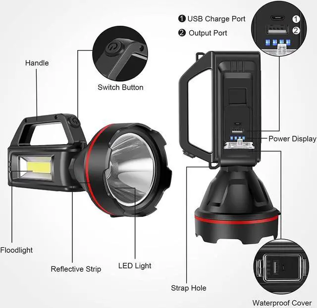 Alt view image 2 of 7 - Rechargeable Spotlight Flashlight, High Lumens Handheld Spotlight,LED Searchlight with Shoulder Strap and USB Output for During Hurricane,Emergency, Storms, Outages,Hunting , Hiking, Camping(Black1)